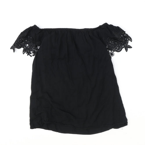 Oasis Womens Black Viscose Basic T-Shirt Size 8 Off the Shoulder - Lace Detail