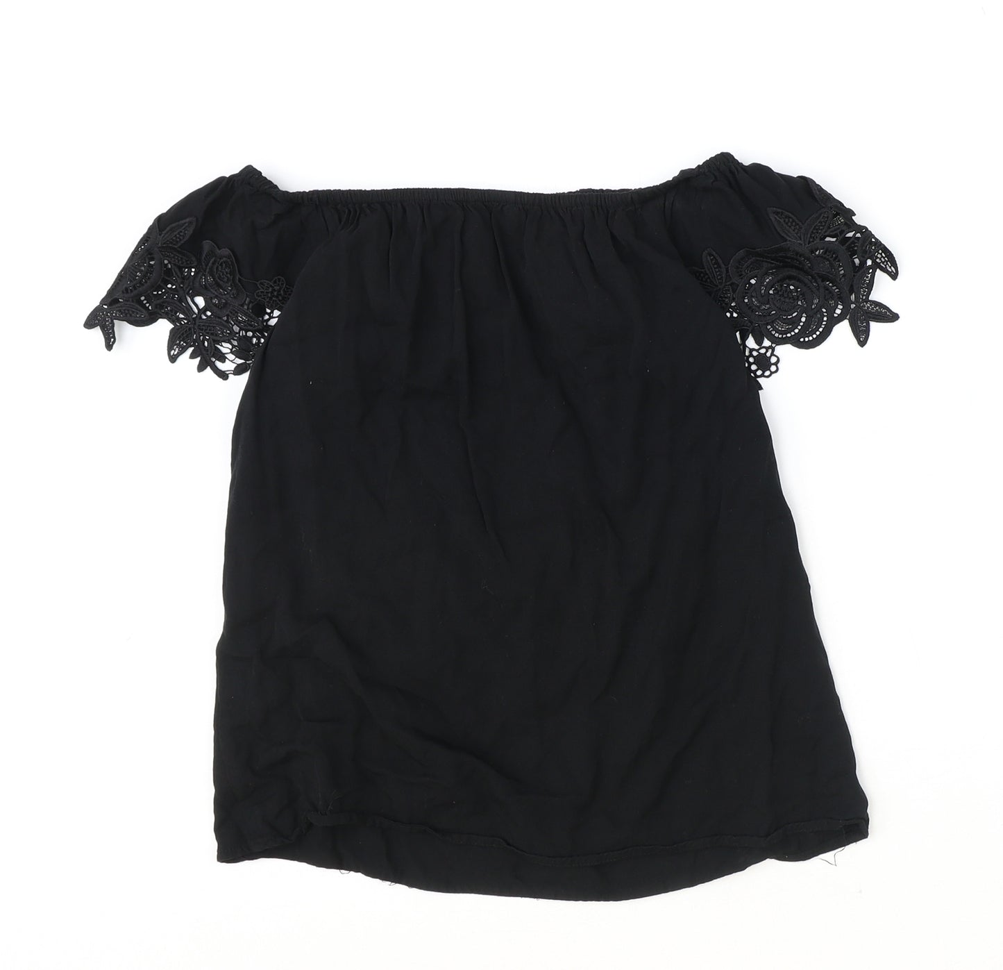Oasis Womens Black Viscose Basic T-Shirt Size 8 Off the Shoulder - Lace Detail