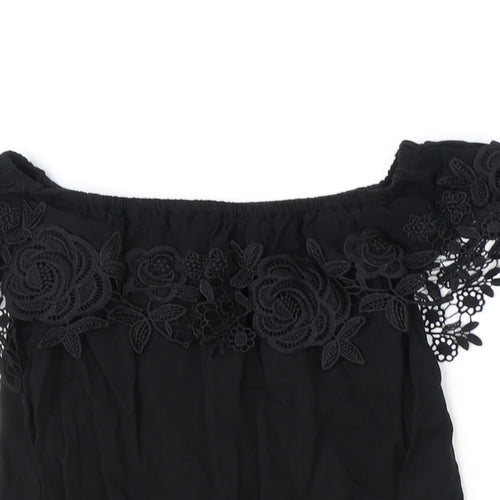 Oasis Womens Black Viscose Basic T-Shirt Size 8 Off the Shoulder - Lace Detail