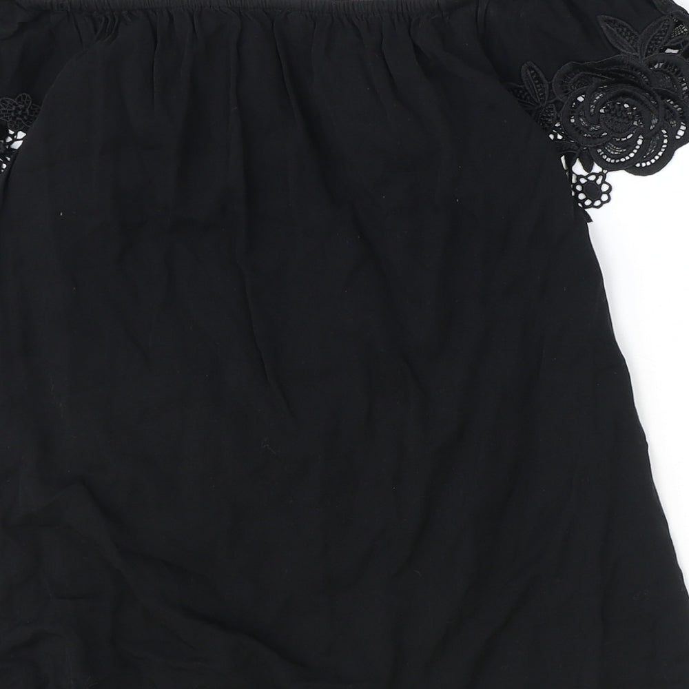 Oasis Womens Black Viscose Basic T-Shirt Size 8 Off the Shoulder - Lace Detail