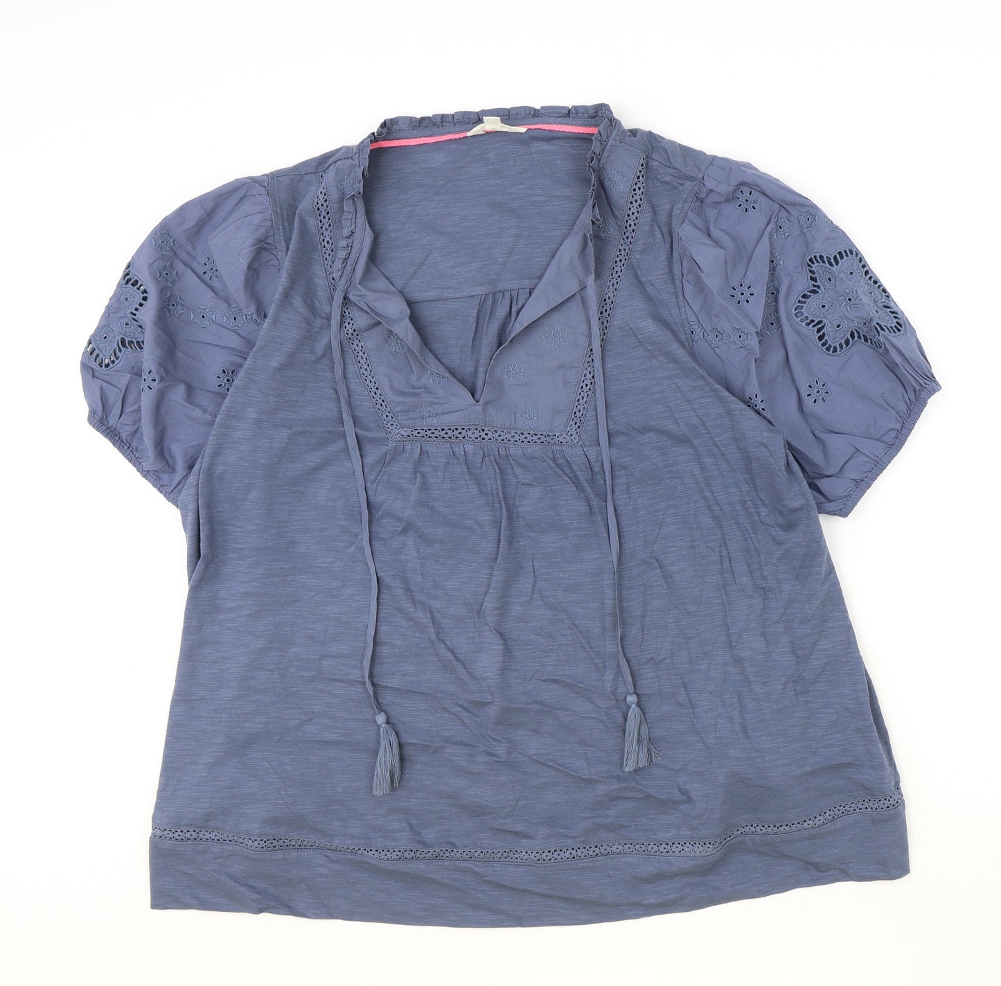 Marks and Spencer Womens Blue 100% Cotton Basic Blouse Size 16 V-Neck - Broderie Anglaise
