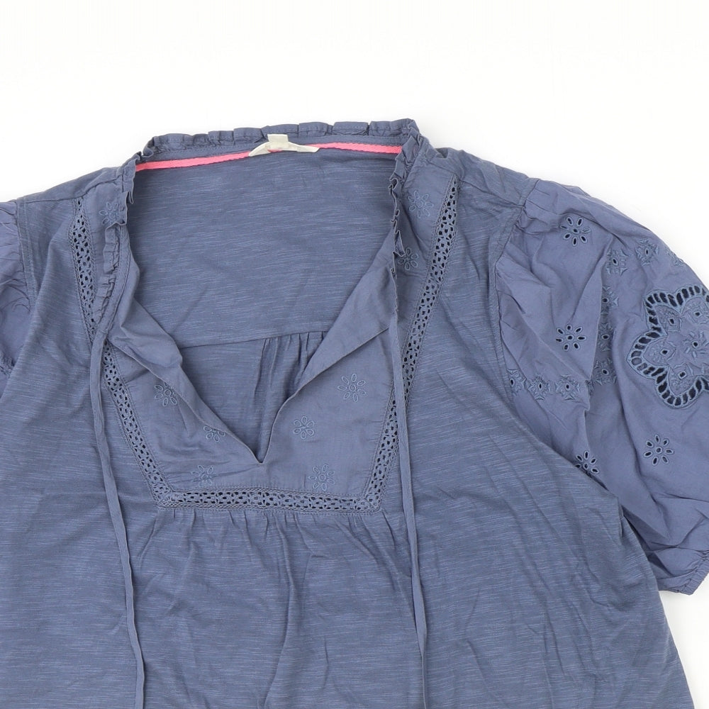 Marks and Spencer Womens Blue 100% Cotton Basic Blouse Size 16 V-Neck - Broderie Anglaise