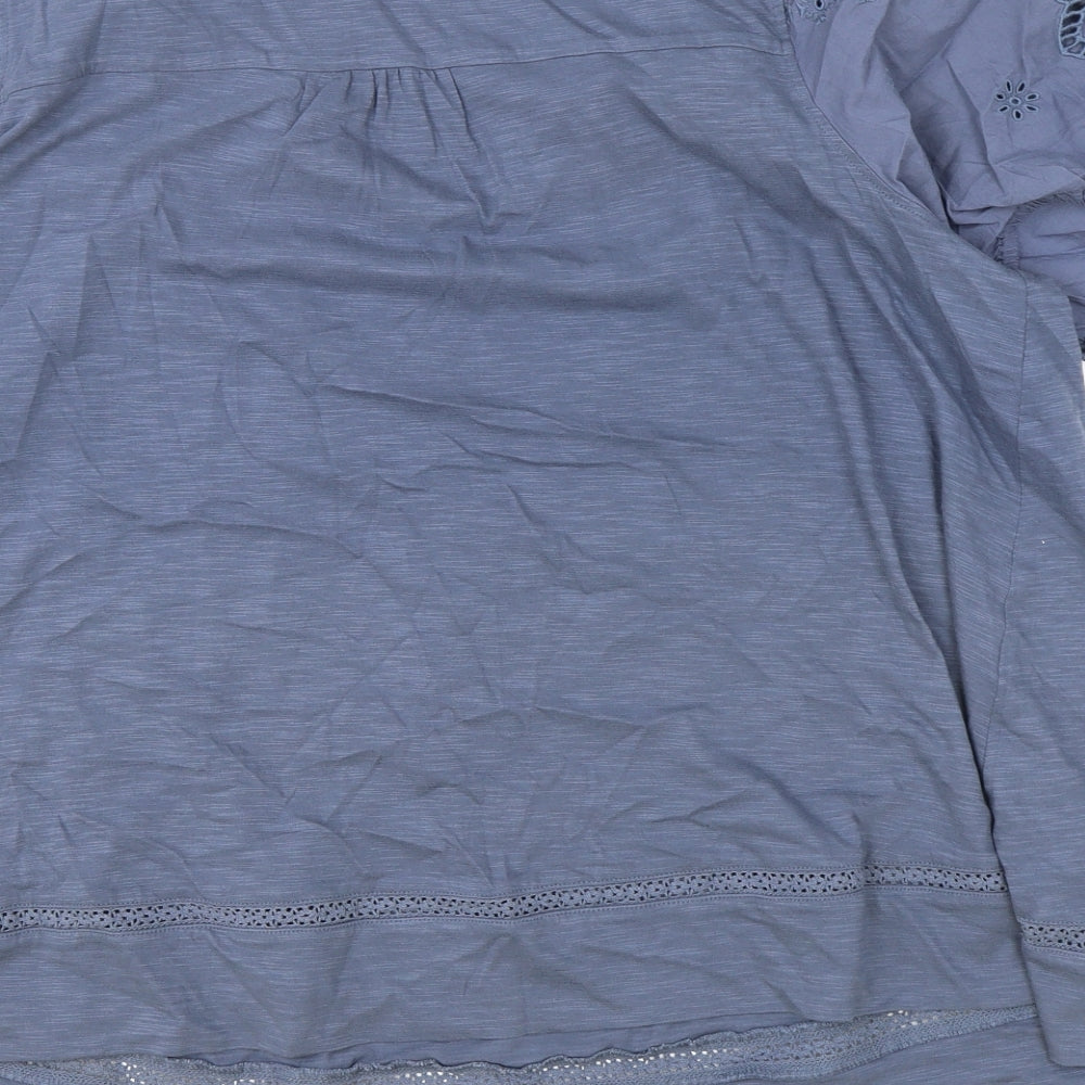 Marks and Spencer Womens Blue 100% Cotton Basic Blouse Size 16 V-Neck - Broderie Anglaise