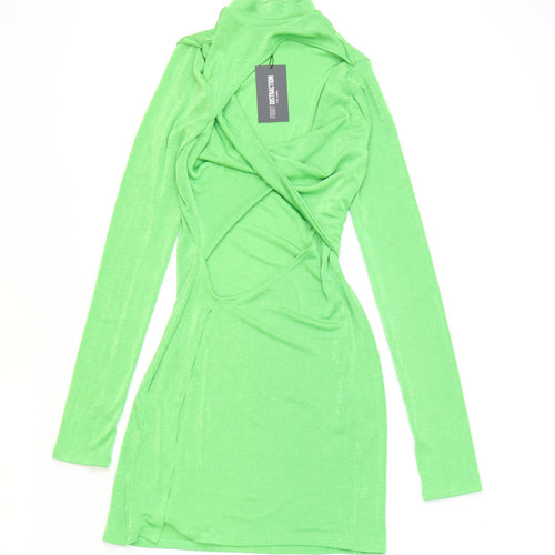 First Distraction Womens Green Polyester Bodycon Size 6 Mock Neck Pullover - Open Front