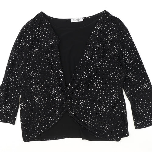 Sonic Collection Womens Black Geometric Polyester Basic Blouse Size 12 Boat Neck - Knot Front
