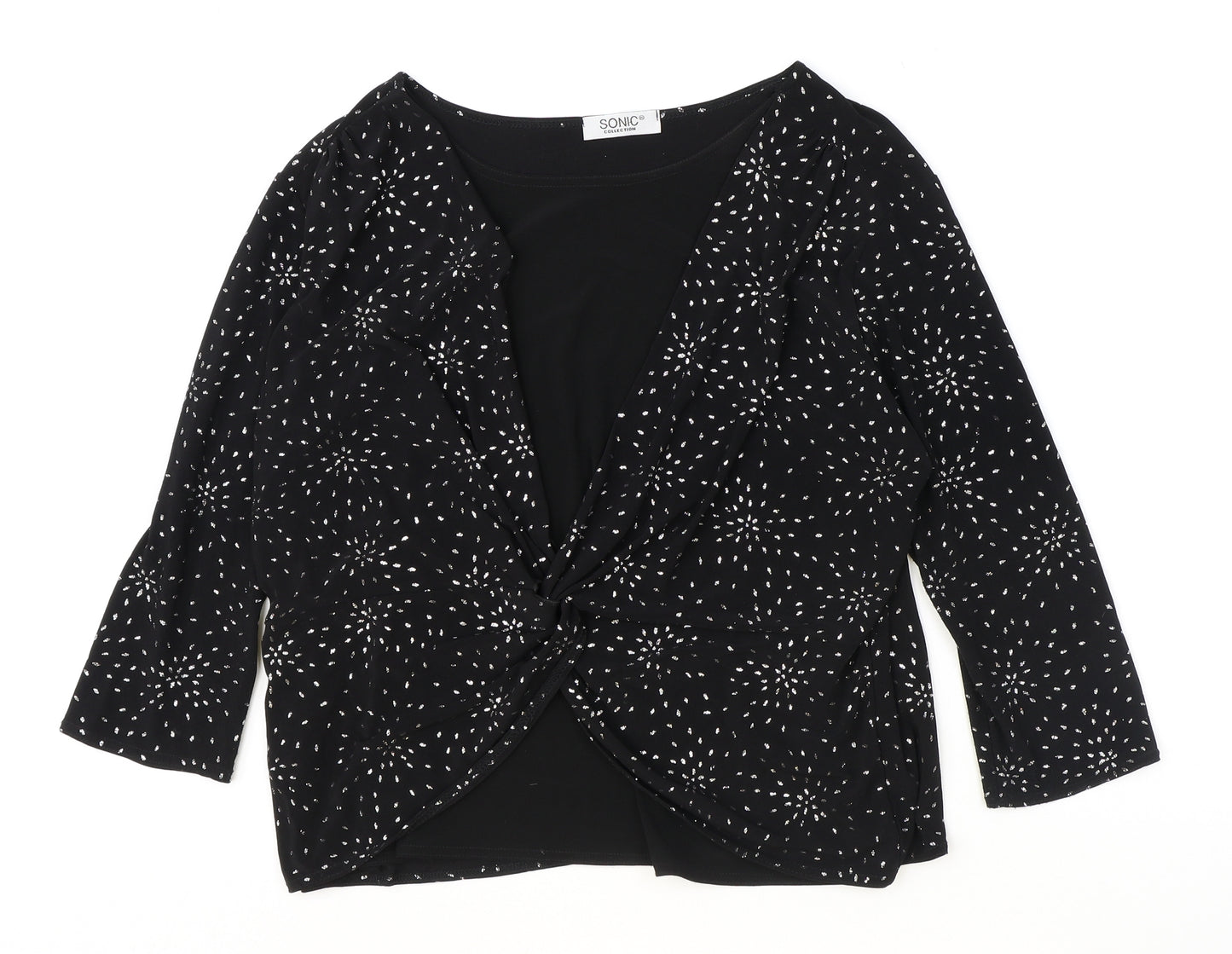 Sonic Collection Womens Black Geometric Polyester Basic Blouse Size 12 Boat Neck - Knot Front
