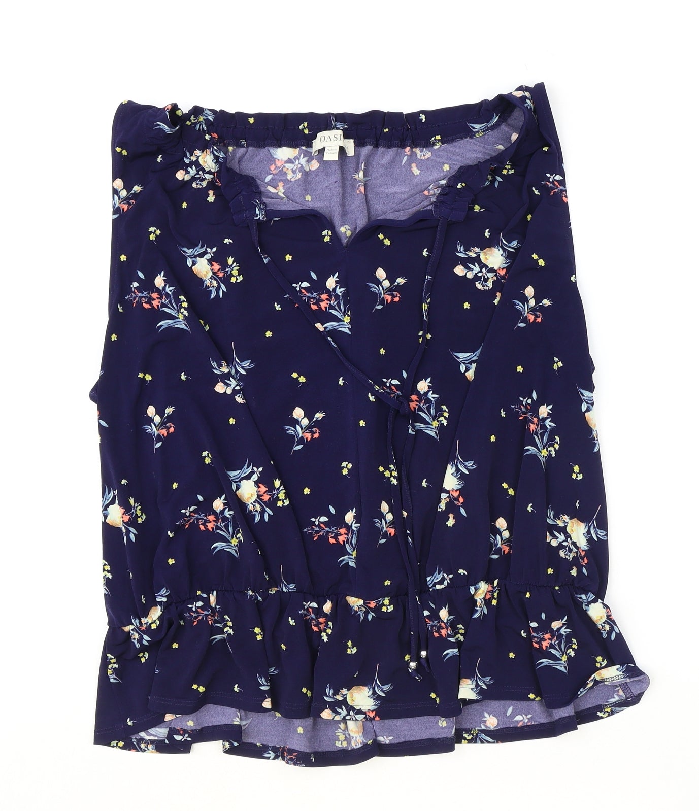 Oasis Womens Blue Floral Polyester Basic Tank Size XL Boat Neck - Tie Neck Detail