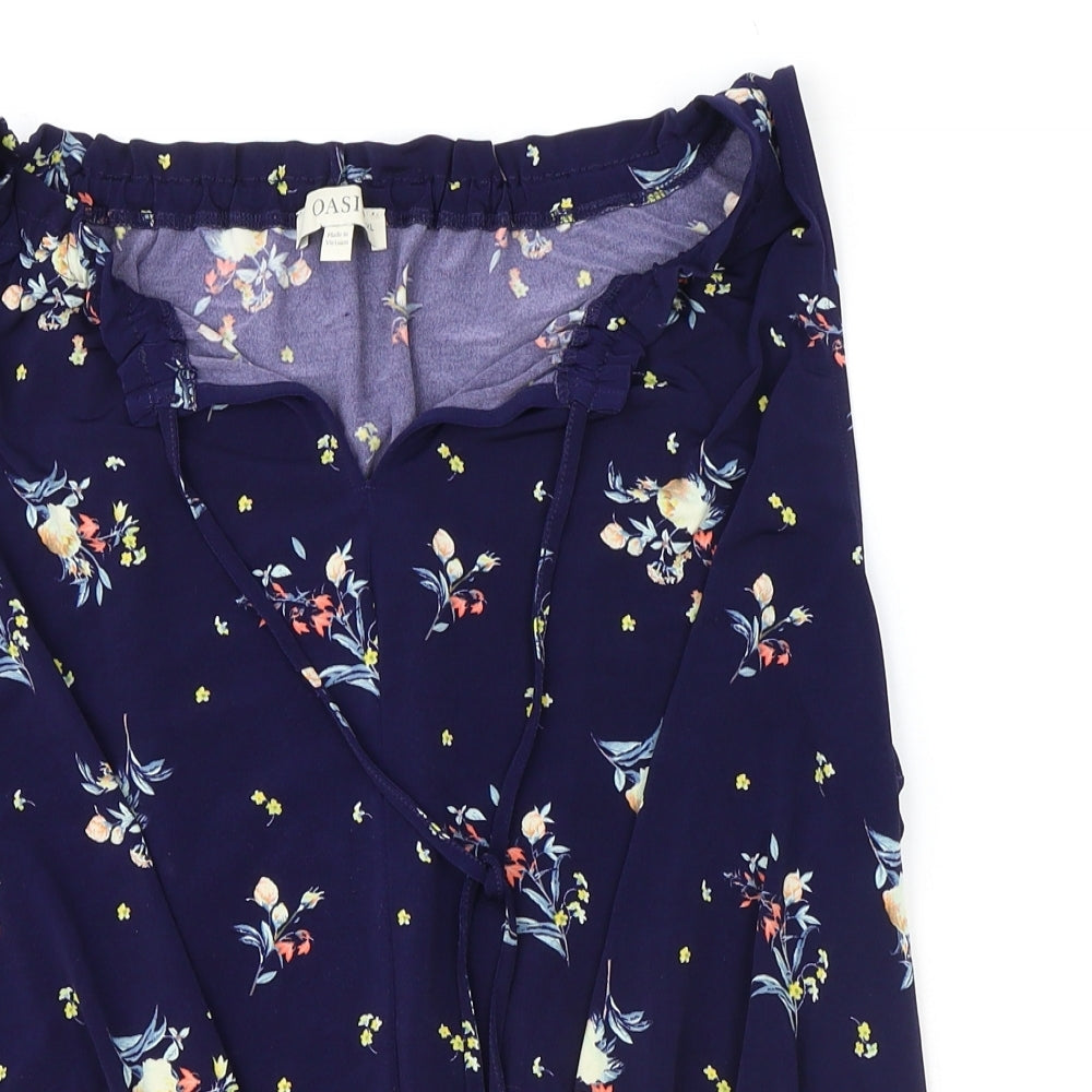 Oasis Womens Blue Floral Polyester Basic Tank Size XL Boat Neck - Tie Neck Detail