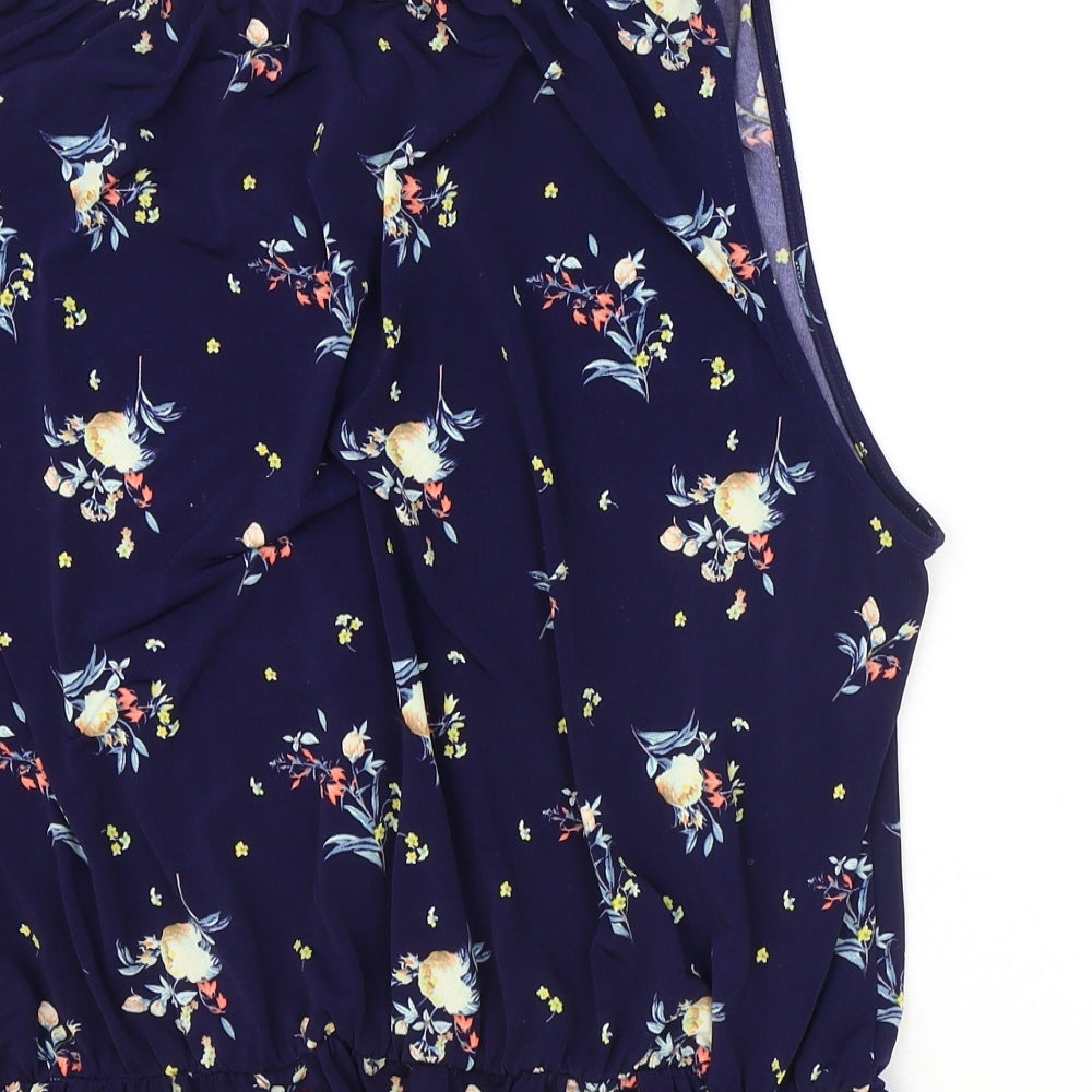 Oasis Womens Blue Floral Polyester Basic Tank Size XL Boat Neck - Tie Neck Detail