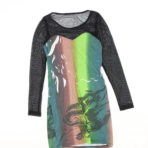 Cutie Womens Multicoloured 100% Cotton T-Shirt Dress Size S Scoop Neck Pullover - Mesh Sleeve, Size S-M