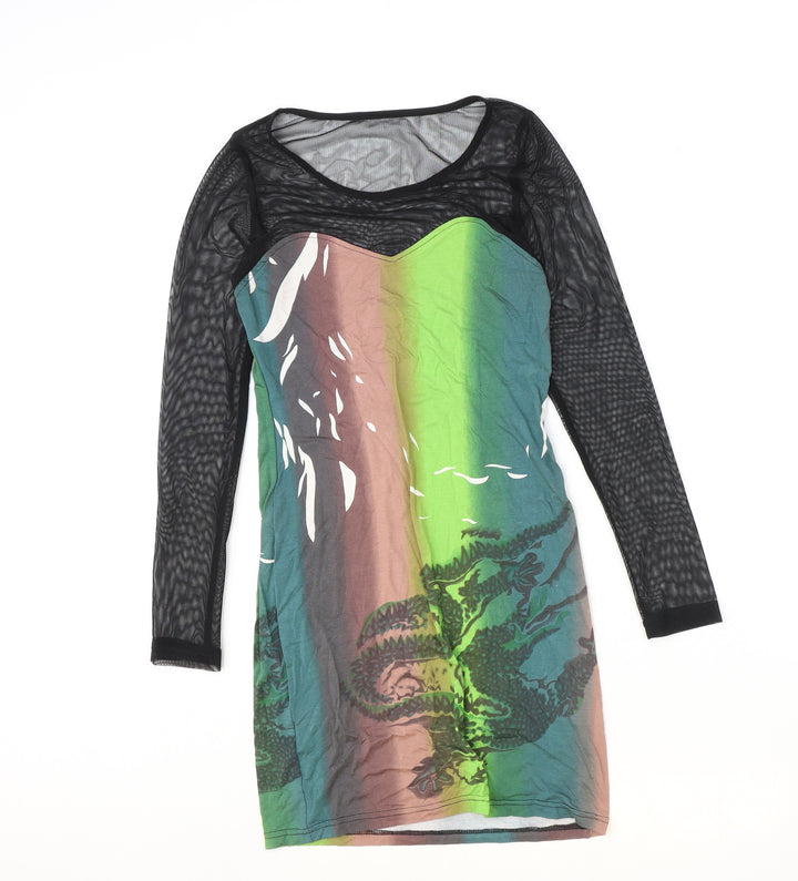 Cutie Womens Multicoloured 100% Cotton T-Shirt Dress Size S Scoop Neck Pullover - Mesh Sleeve, Size S-M