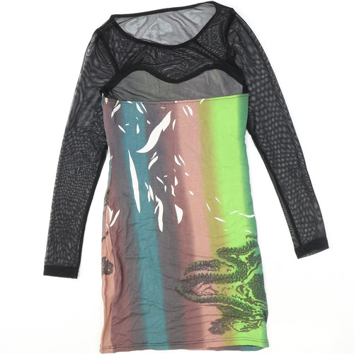 Cutie Womens Multicoloured 100% Cotton T-Shirt Dress Size S Scoop Neck Pullover - Mesh Sleeve, Size S-M