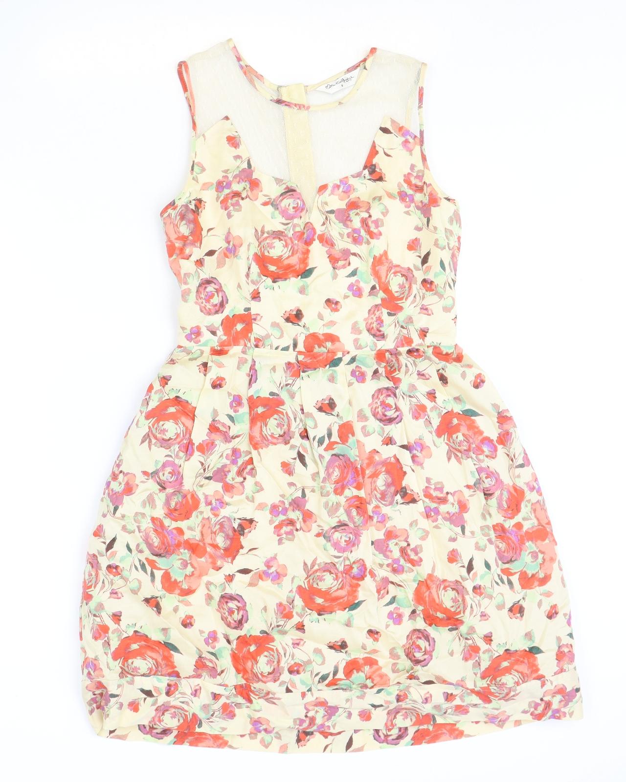 Miss Selfridge Womens Beige Floral Polyester Skater Dress Size 8 Round Neck Zip