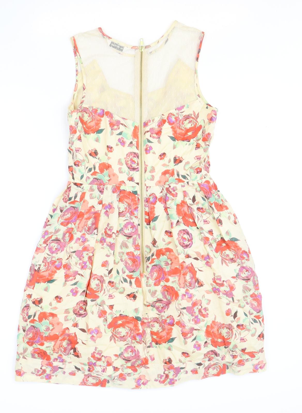 Miss Selfridge Womens Beige Floral Polyester Skater Dress Size 8 Round Neck Zip