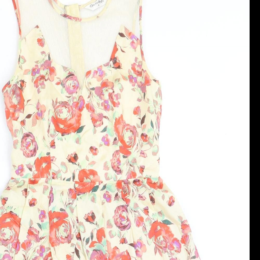 Miss Selfridge Womens Beige Floral Polyester Skater Dress Size 8 Round Neck Zip