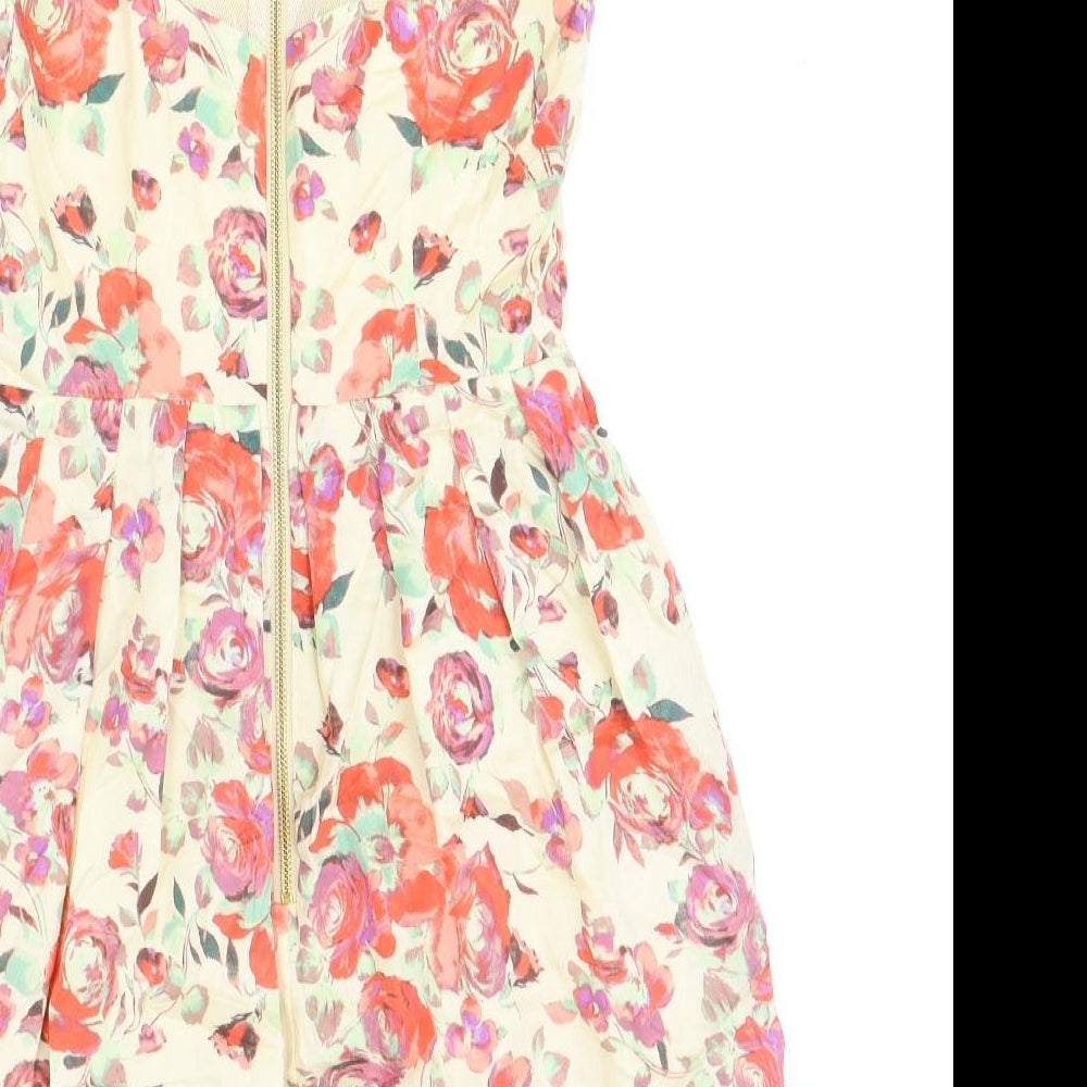 Miss Selfridge Womens Beige Floral Polyester Skater Dress Size 8 Round Neck Zip