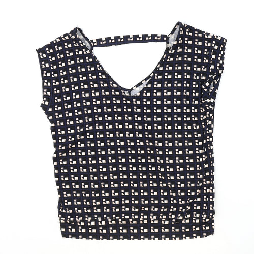 Blue Chameleon Womens Blue Geometric Viscose Basic T-Shirt Size M V-Neck
