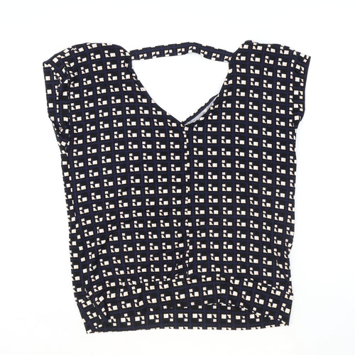 Blue Chameleon Womens Blue Geometric Viscose Basic T-Shirt Size M V-Neck