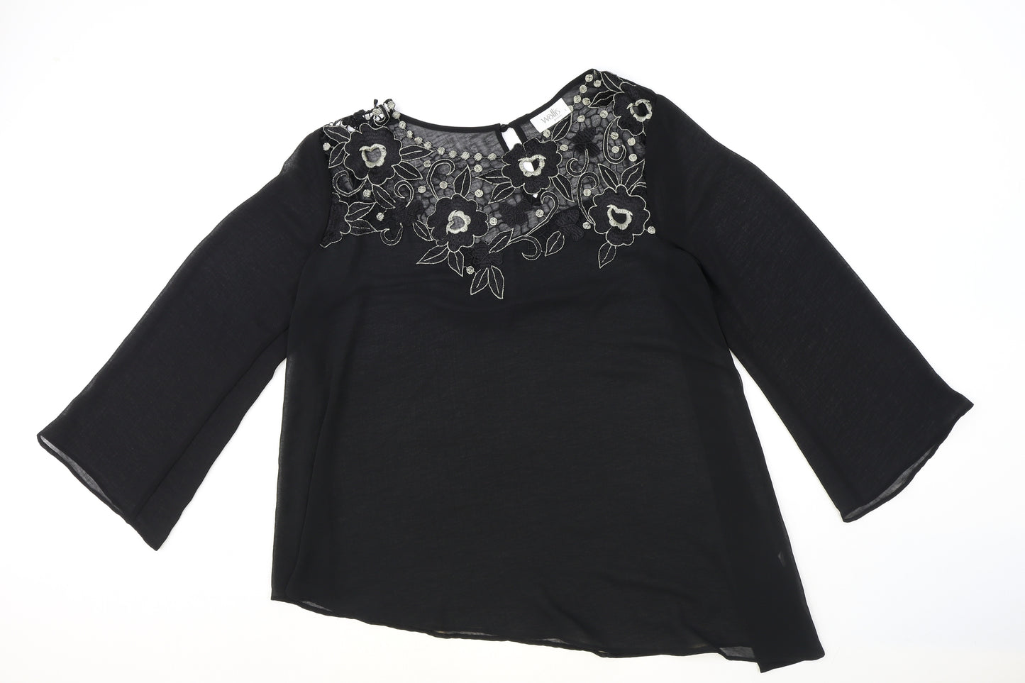 Wallis Womens Black Floral Polyester Basic Blouse Size L Boat Neck - Asymmetric Flute Sleeve