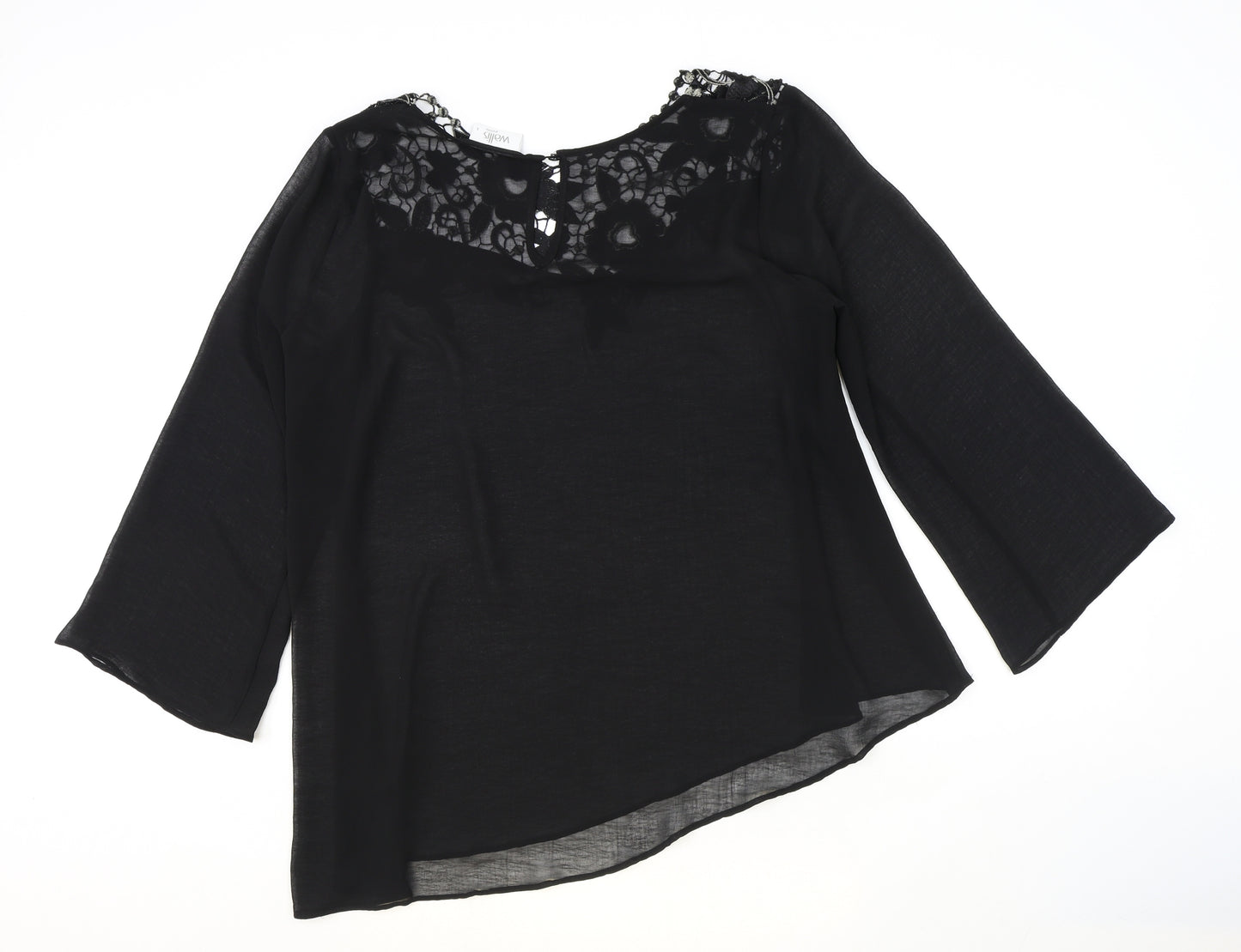 Wallis Womens Black Floral Polyester Basic Blouse Size L Boat Neck - Asymmetric Flute Sleeve
