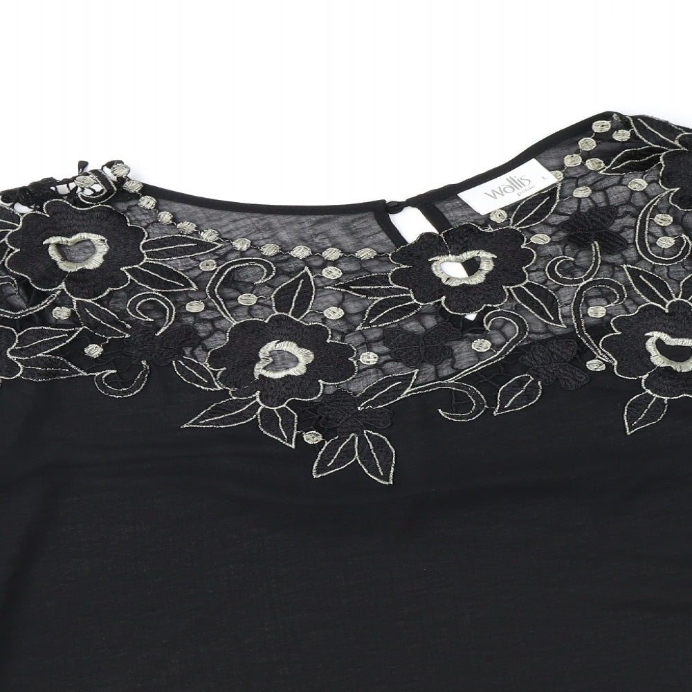 Wallis Womens Black Floral Polyester Basic Blouse Size L Boat Neck - Asymmetric Flute Sleeve