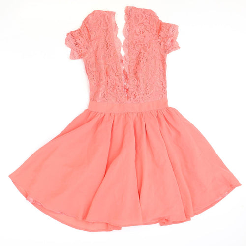 Missguided Womens Pink Polyester Skater Dress Size 6 V-Neck Zip