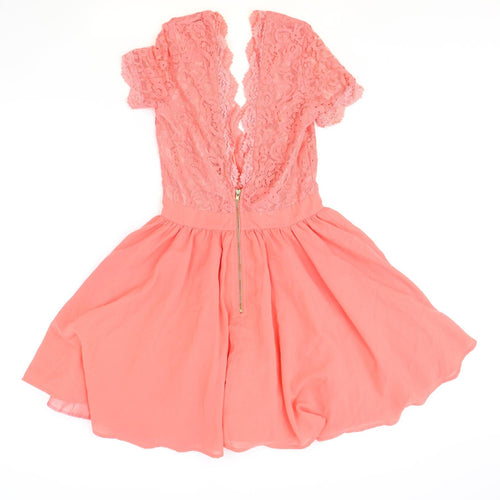 Missguided Womens Pink Polyester Skater Dress Size 6 V-Neck Zip