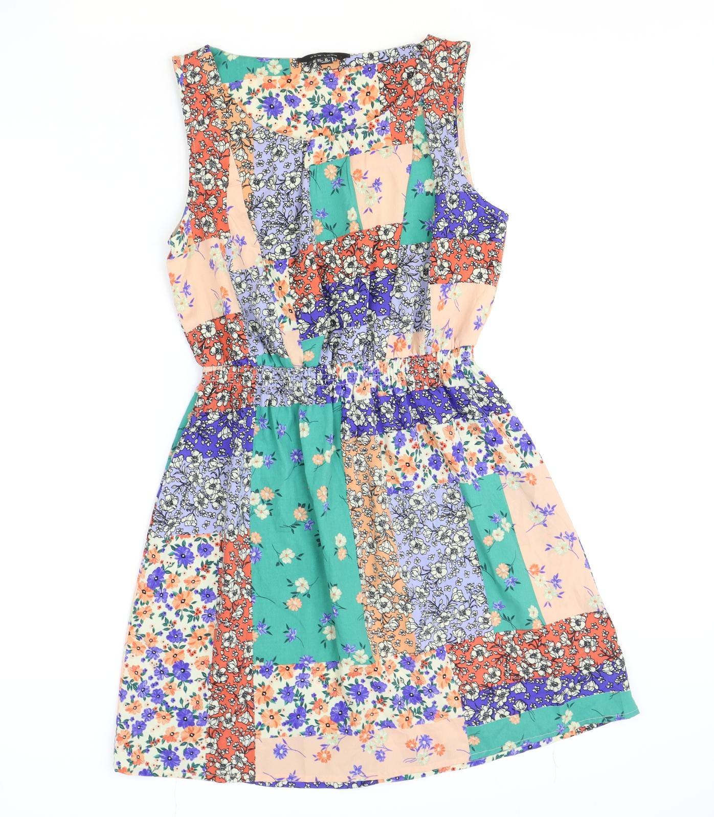 New Look Womens Multicoloured Geometric Polyester Skater Dress Size 10 Scoop Neck Pullover - Patchwork
