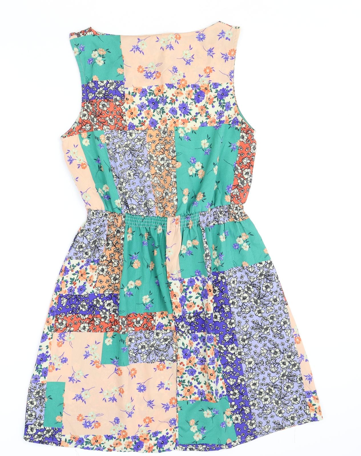 New Look Womens Multicoloured Geometric Polyester Skater Dress Size 10 Scoop Neck Pullover - Patchwork