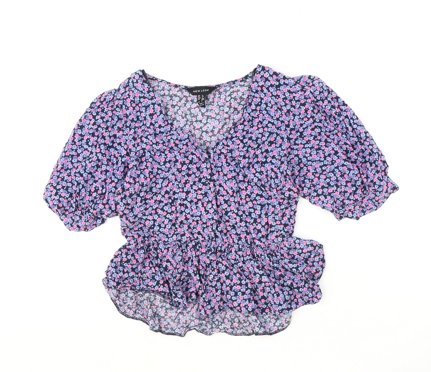 New Look Womens Blue Floral Viscose Basic Blouse Size 6 V-Neck - Puff Sleeve Peplum