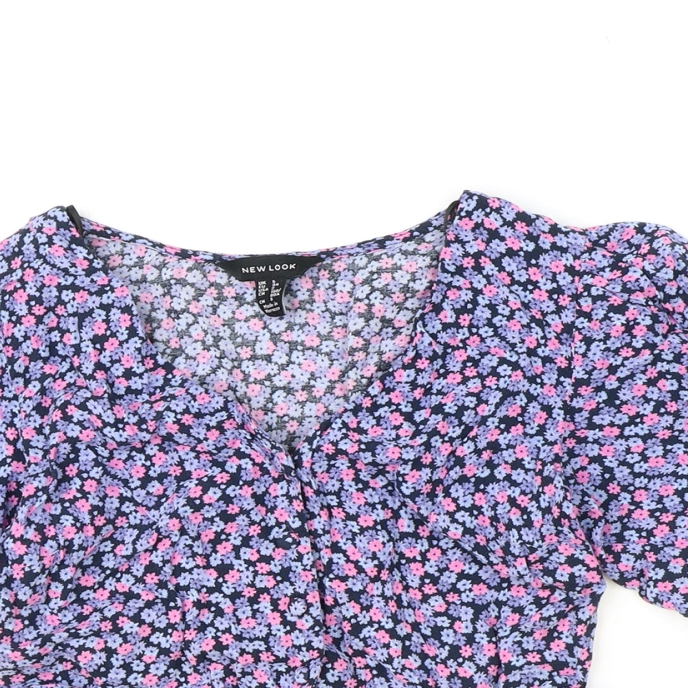 New Look Womens Blue Floral Viscose Basic Blouse Size 6 V-Neck - Puff Sleeve Peplum