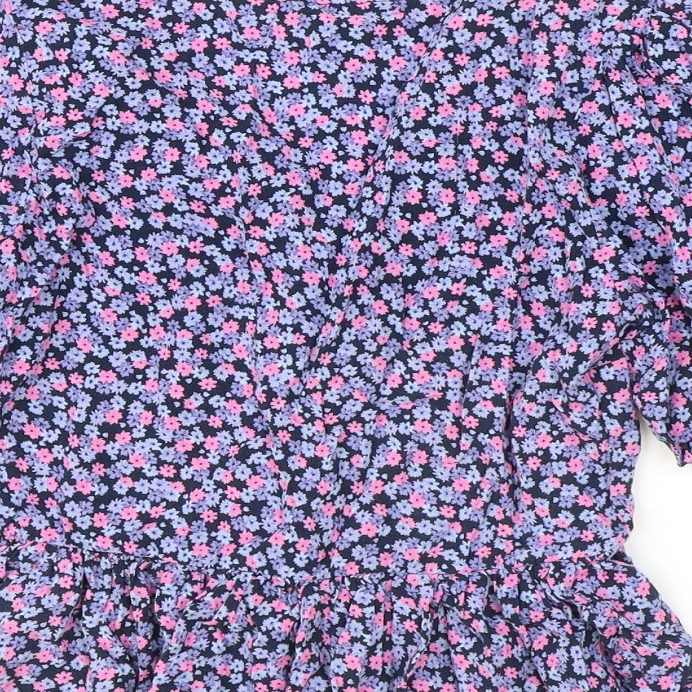 New Look Womens Blue Floral Viscose Basic Blouse Size 6 V-Neck - Puff Sleeve Peplum