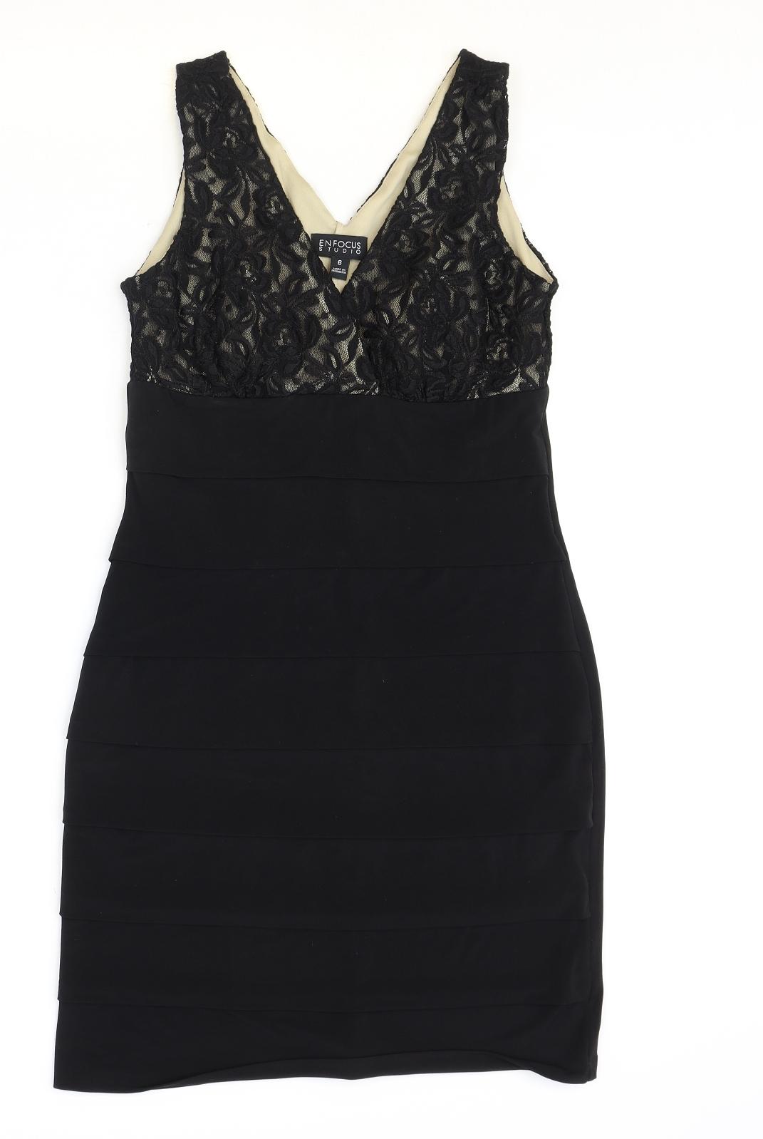 En Focus Studio Womens Black Polyacrylate Fibre Shift Size 6 V-Neck Pullover - Lace Detail