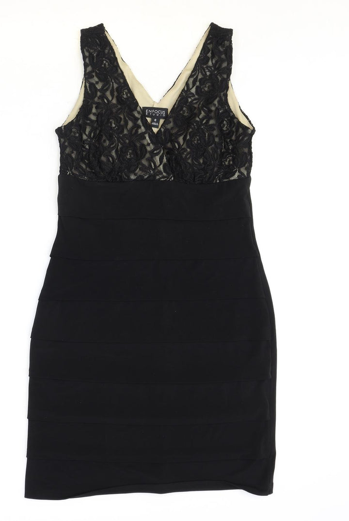 En Focus Studio Womens Black Polyacrylate Fibre Shift Size 6 V-Neck Pullover - Lace Detail