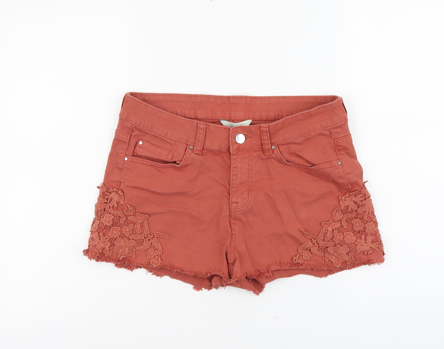 Peacocks Womens Brown Cotton Cut-Off Shorts Size 10 L3 in Regular Button - Lace Detail