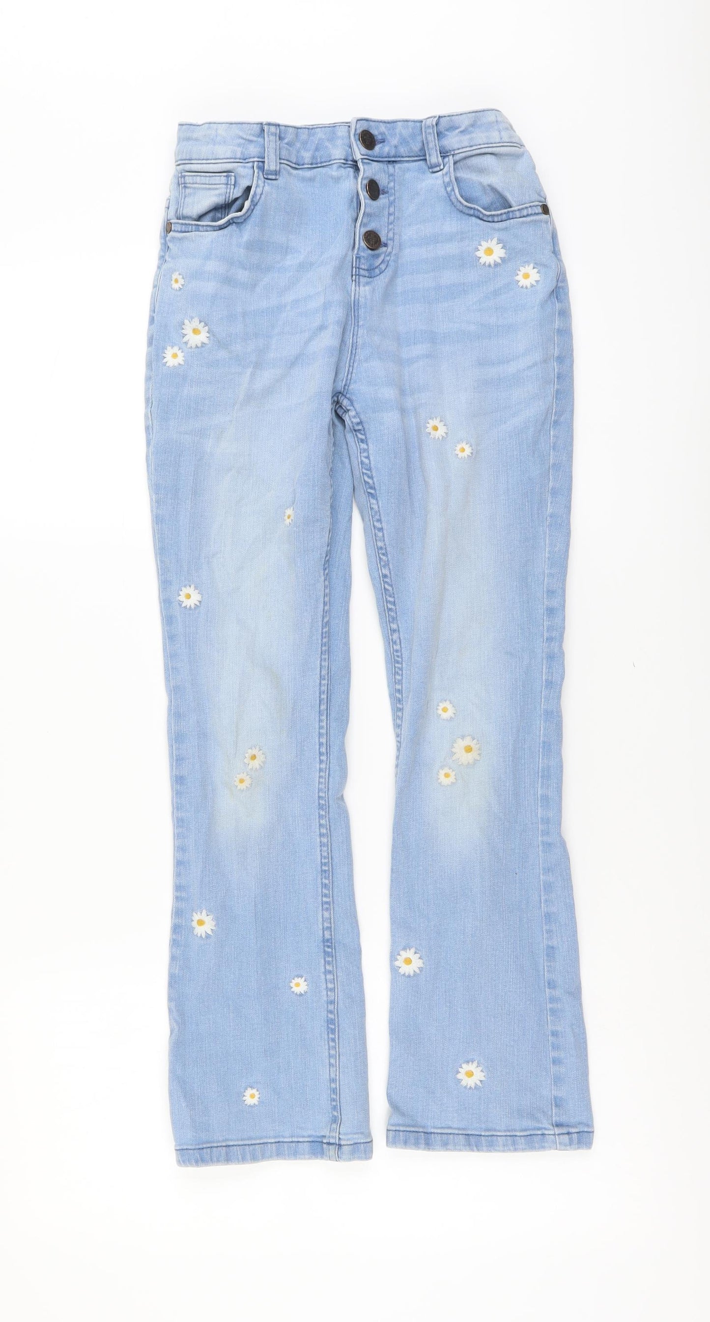 Marks and Spencer Girls Blue Cotton Straight Jeans Size 11-12 Years Regular Button