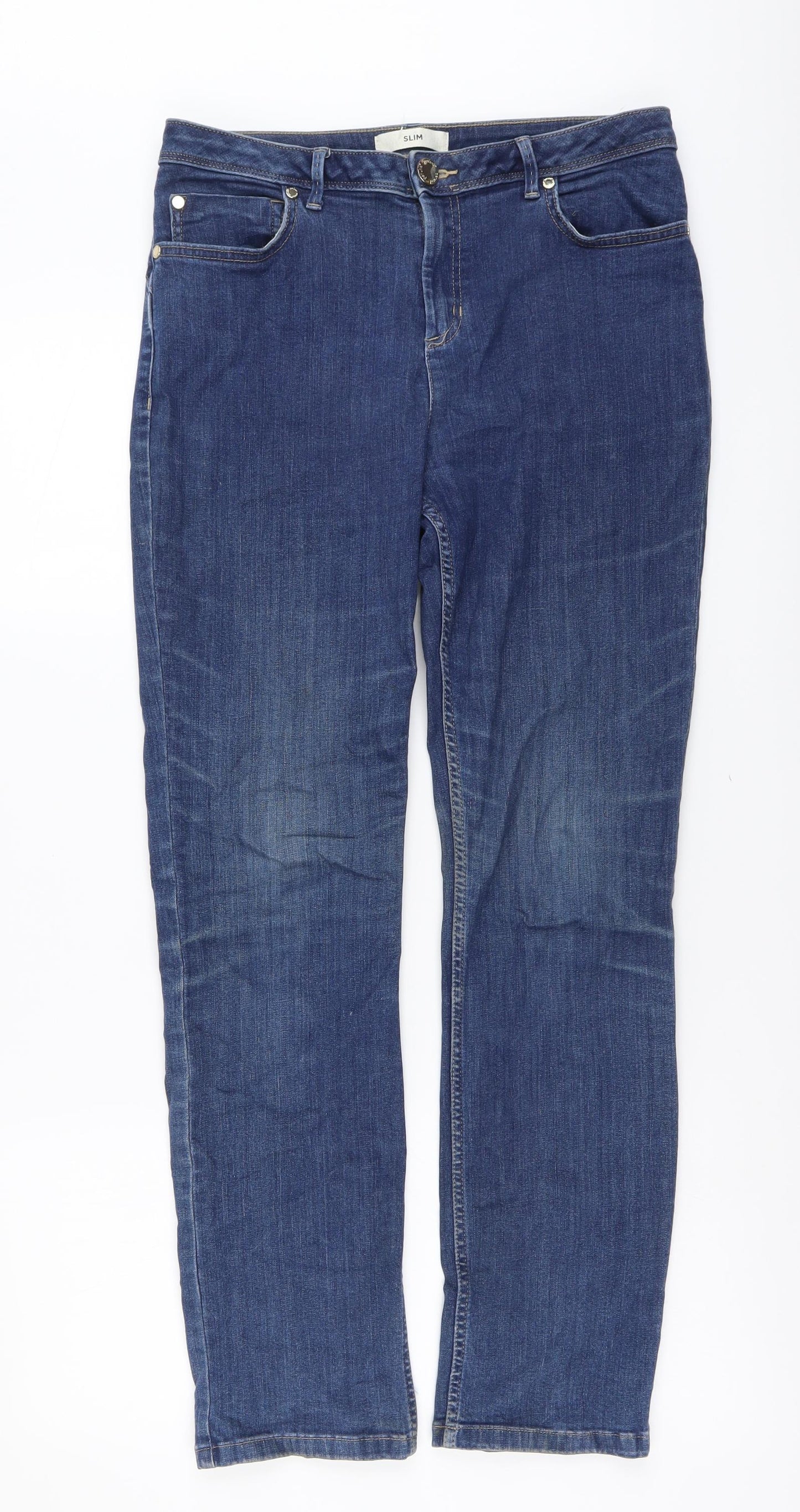 Marks and Spencer Womens Blue Cotton Straight Jeans Size 12 L28 in Slim Button
