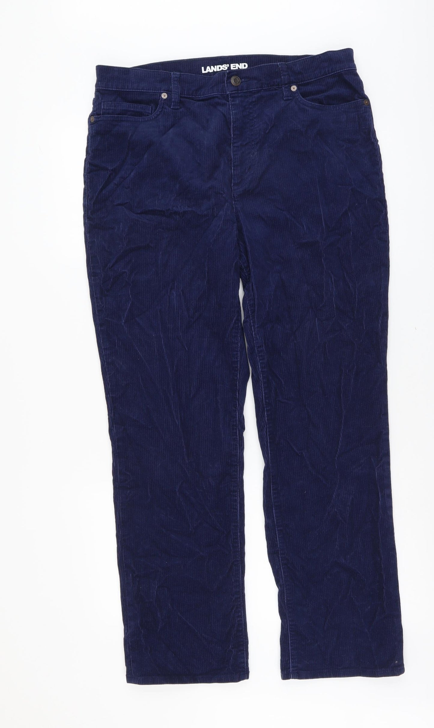 Land's End Womens Blue Cotton Trousers Size 14 L29 in Regular Button