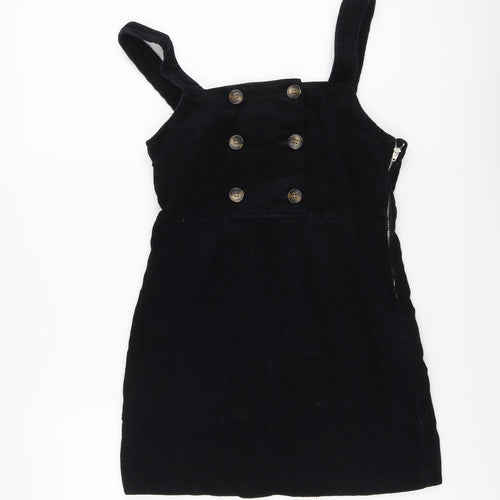 Miss Selfridge Womens Black Cotton Pinafore/Dungaree Dress Size 6 Square Neck Zip