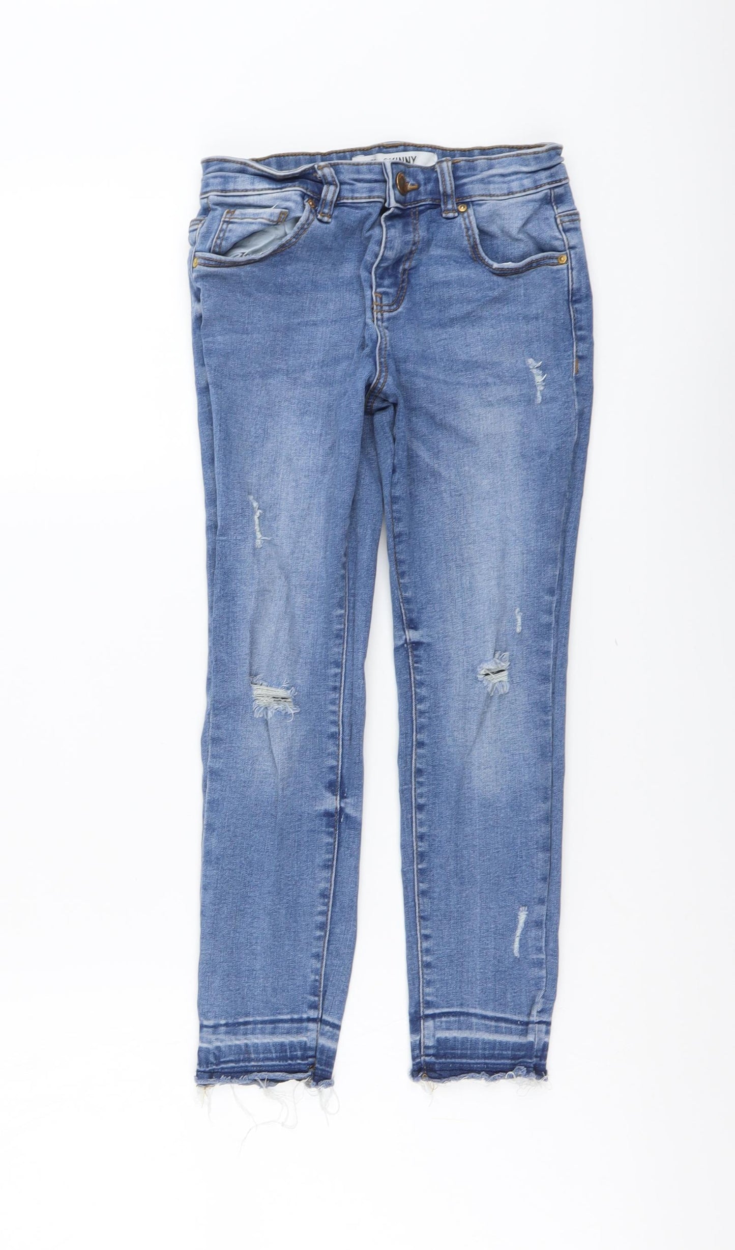 Denim & Co. Girls Blue Cotton Straight Jeans Size 8-9 Years Regular Button - Distressed