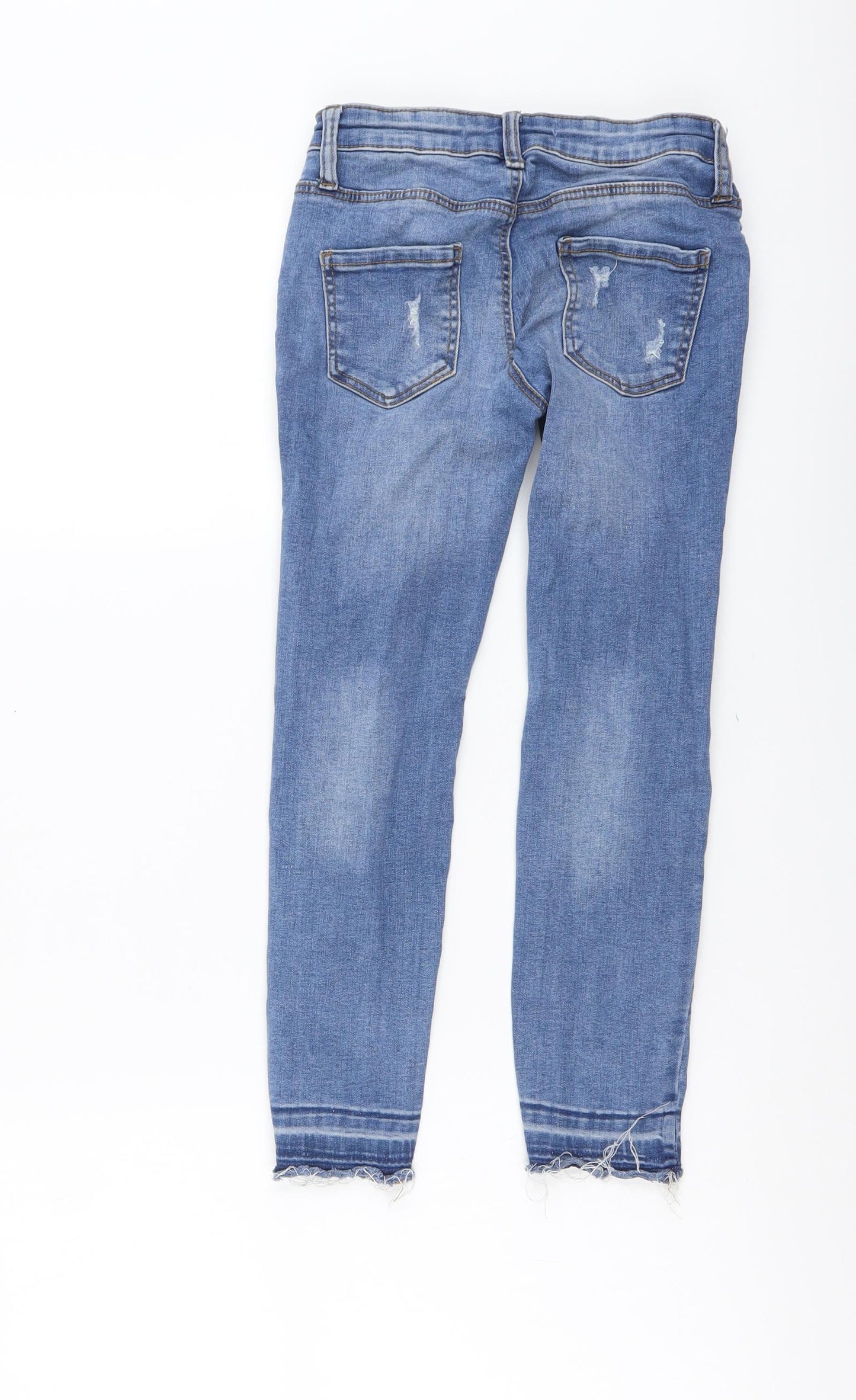 Denim & Co. Girls Blue Cotton Straight Jeans Size 8-9 Years Regular Button - Distressed