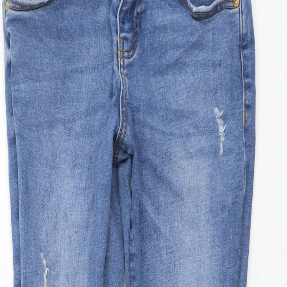 Denim & Co. Girls Blue Cotton Straight Jeans Size 8-9 Years Regular Button - Distressed