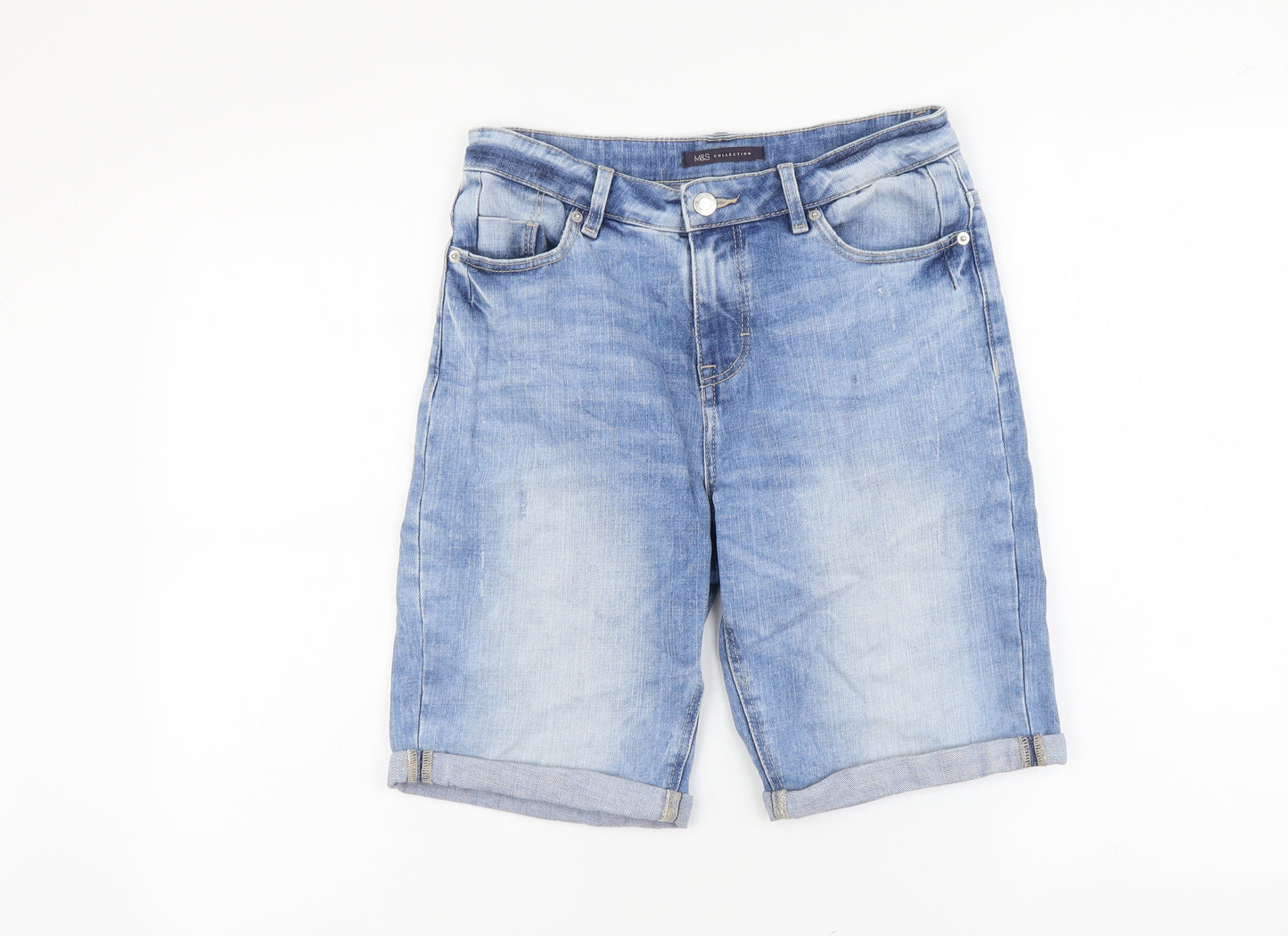 Marks and Spencer Womens Blue Cotton Bermuda Shorts Size 8 L9 in Regular Button