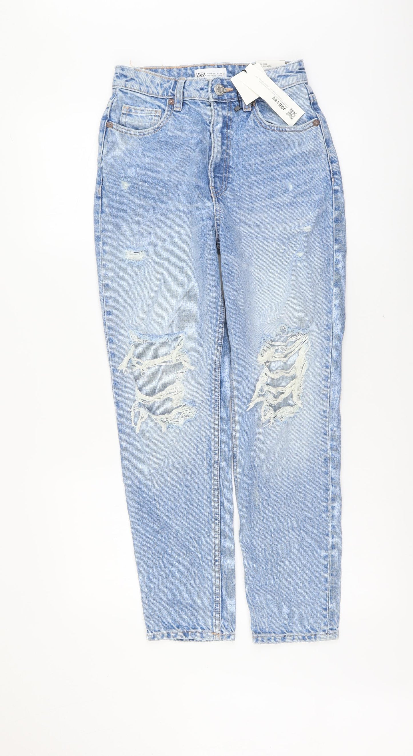 Zara Womens Blue Cotton Mom Jeans Size 6 L27 in Regular Button