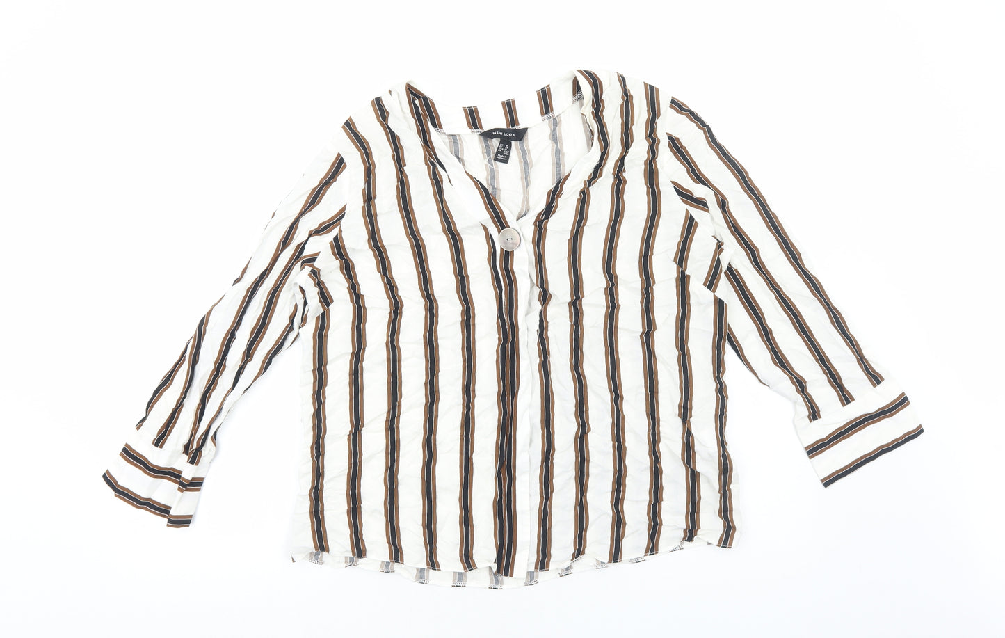 New Look Womens White Striped Viscose Basic Blouse Size 16 V-Neck
