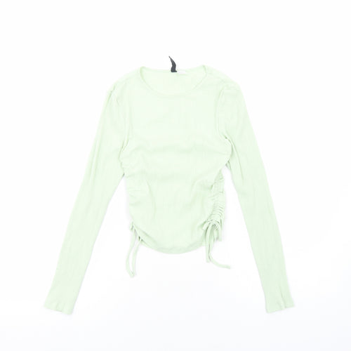 H&M Womens Green Viscose Cropped Blouse Size S Scoop Neck - Ribbed Side Ruched