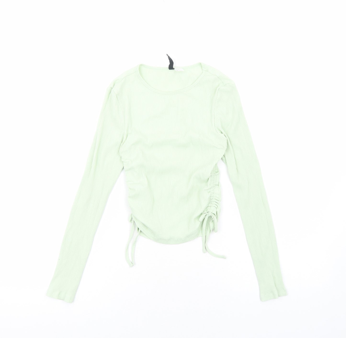 H&M Womens Green Viscose Cropped Blouse Size S Scoop Neck - Ribbed Side Ruched