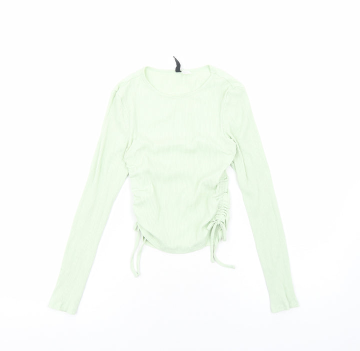 H&M Womens Green Viscose Cropped Blouse Size S Scoop Neck - Ribbed Side Ruched