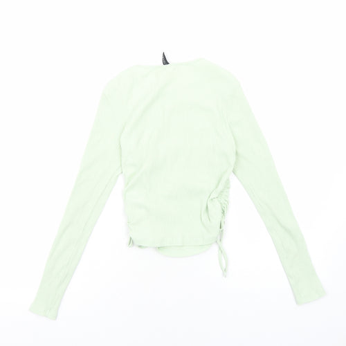 H&M Womens Green Viscose Cropped Blouse Size S Scoop Neck - Ribbed Side Ruched
