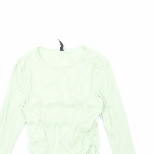H&M Womens Green Viscose Cropped Blouse Size S Scoop Neck - Ribbed Side Ruched